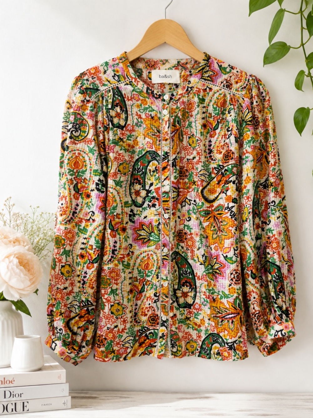 ba&sh Bianca Blouse Vert Floral Paisley Print Size M Long Sleeve Boho